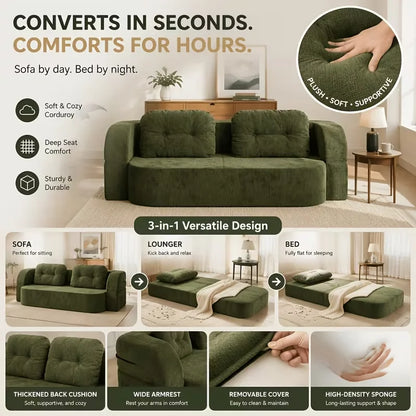Vacuum Compressed Sofa Bed Convertible 2 in 1 Folding Couch with Soft Cushions Space Saving Floor Sofa for Living Room Bedroom Apartment Guest Room Lounge Modern Upholstered Sleeper Sofa in Blue or Green Easy Setup Comfortabl