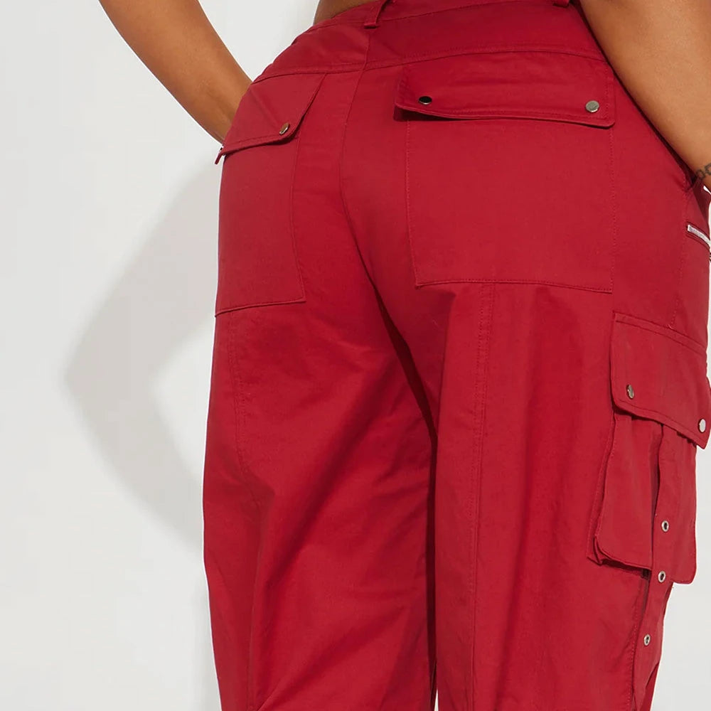 Custom Women's High Waist Cargo Pants Solid Red Canvas Loose Fit Full Length With Pockets Button Fly Utility Style OEM Supplier