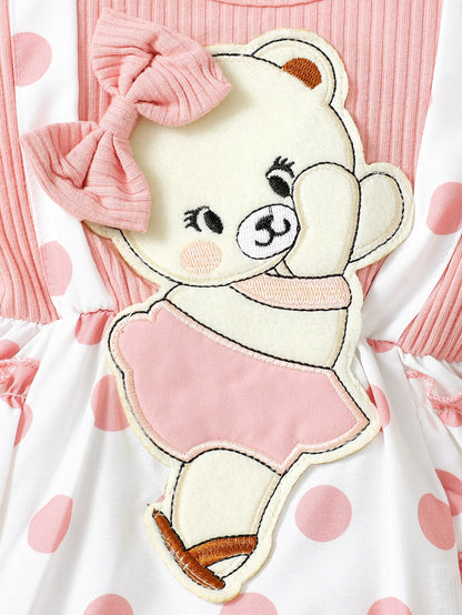 Fashionable Baby Girls' Casual Polka Dot Pattern Round Neck Flying Sleeve Cartoon Bear Embroidery Overall Dress With Hair Band,