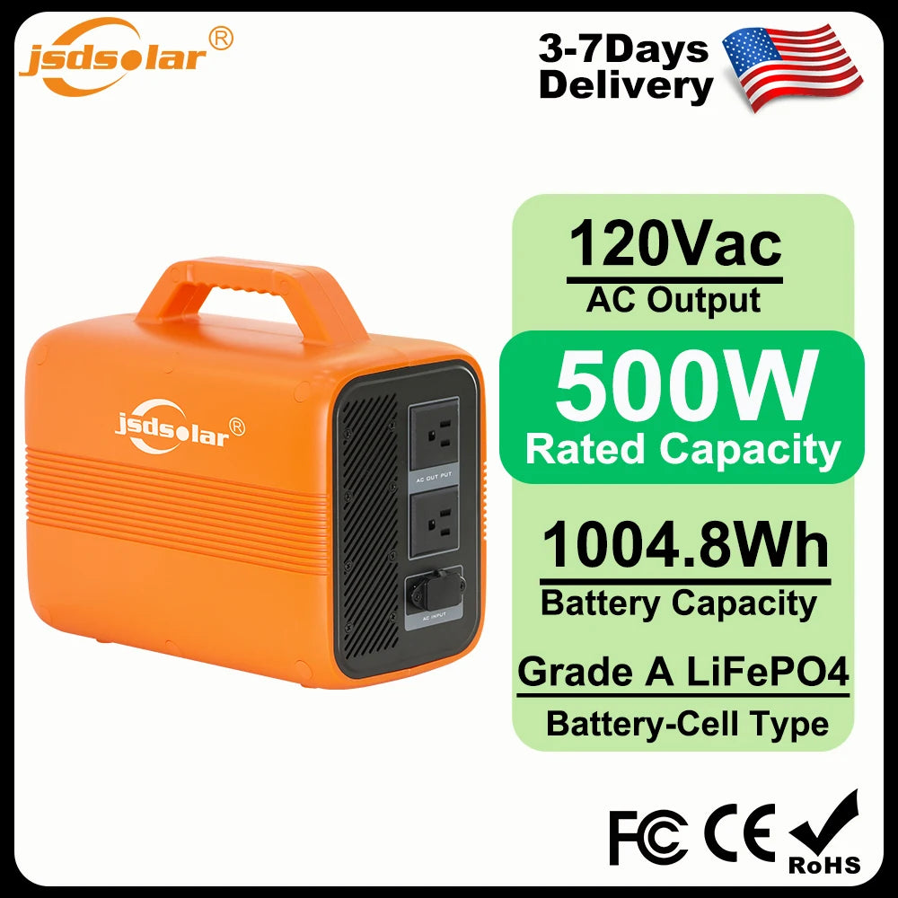 Jsdsolar Portable Power Station 1004.8Wh 500W Outdoor Solar Generator with 120Vac AC Outlet and USB-C PD(30W) Port Power Supply