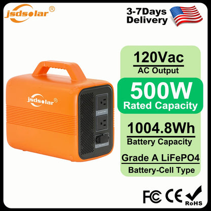 Jsdsolar Portable Power Station 1004.8Wh 500W Outdoor Solar Generator with 120Vac AC Outlet and USB-C PD(30W) Port Power Supply