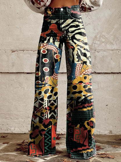 Women's 3D Printed Flare Jeans-Polyester Wide Leg Pants with Distressed Vintage Look, High Waist Comfort Fit for Street Fashion