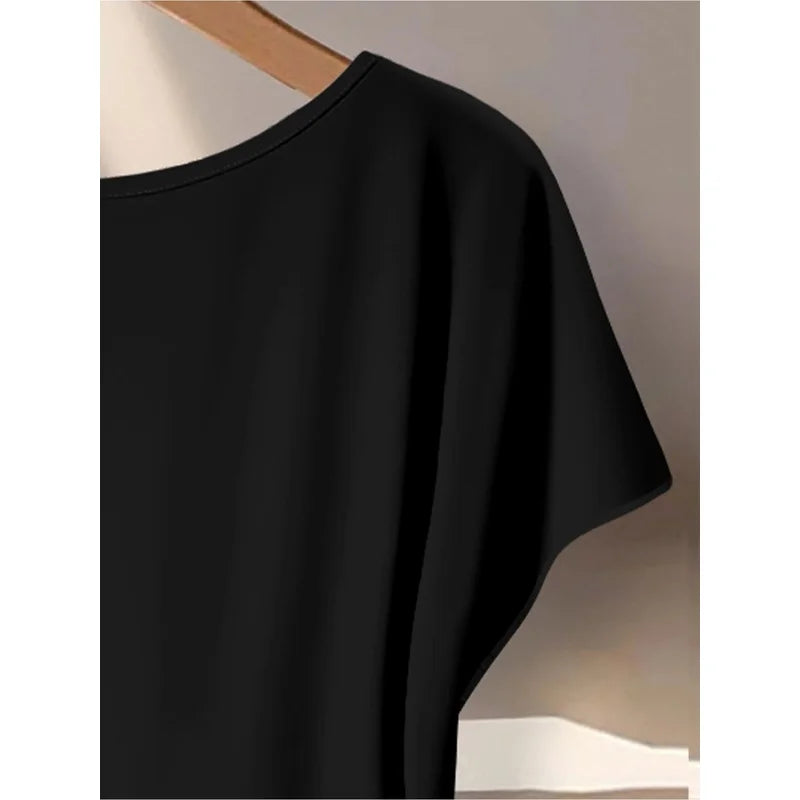 Women's Black Side-Twist T-Shirt And Black White Leaf Print Wide-Leg Pants Two-Piece Set Casual Lazy Style Outfit