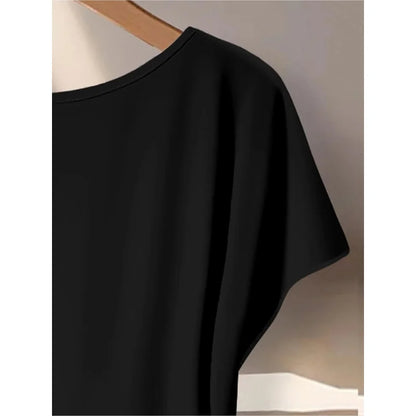 Women's Black Side-Twist T-Shirt And Black White Leaf Print Wide-Leg Pants Two-Piece Set Casual Lazy Style Outfit