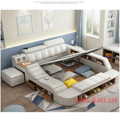 MINGDIBAO  All In One Bed, Luxury Multifunctional Genuine Leather Bed Frame with Tatami, Tech Smart Ultimate Lit 2 Personnes