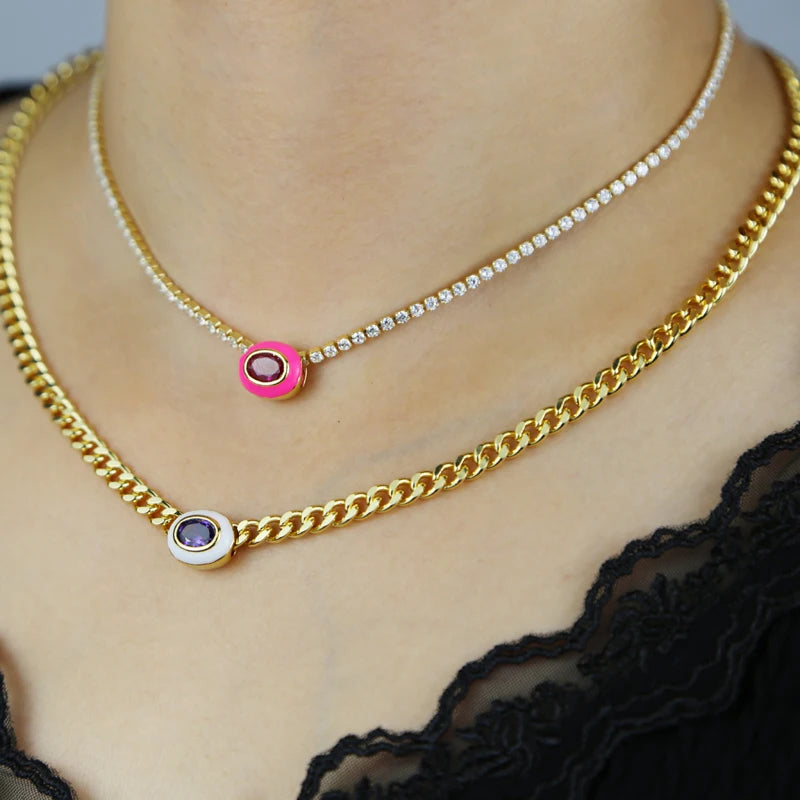 Neon Enamel Pink Heart Rectangle Charm Necklace Bling Colorful CZ Geometric CZ Beaded Tennis Cuban Chain Fashion Women Jewelry