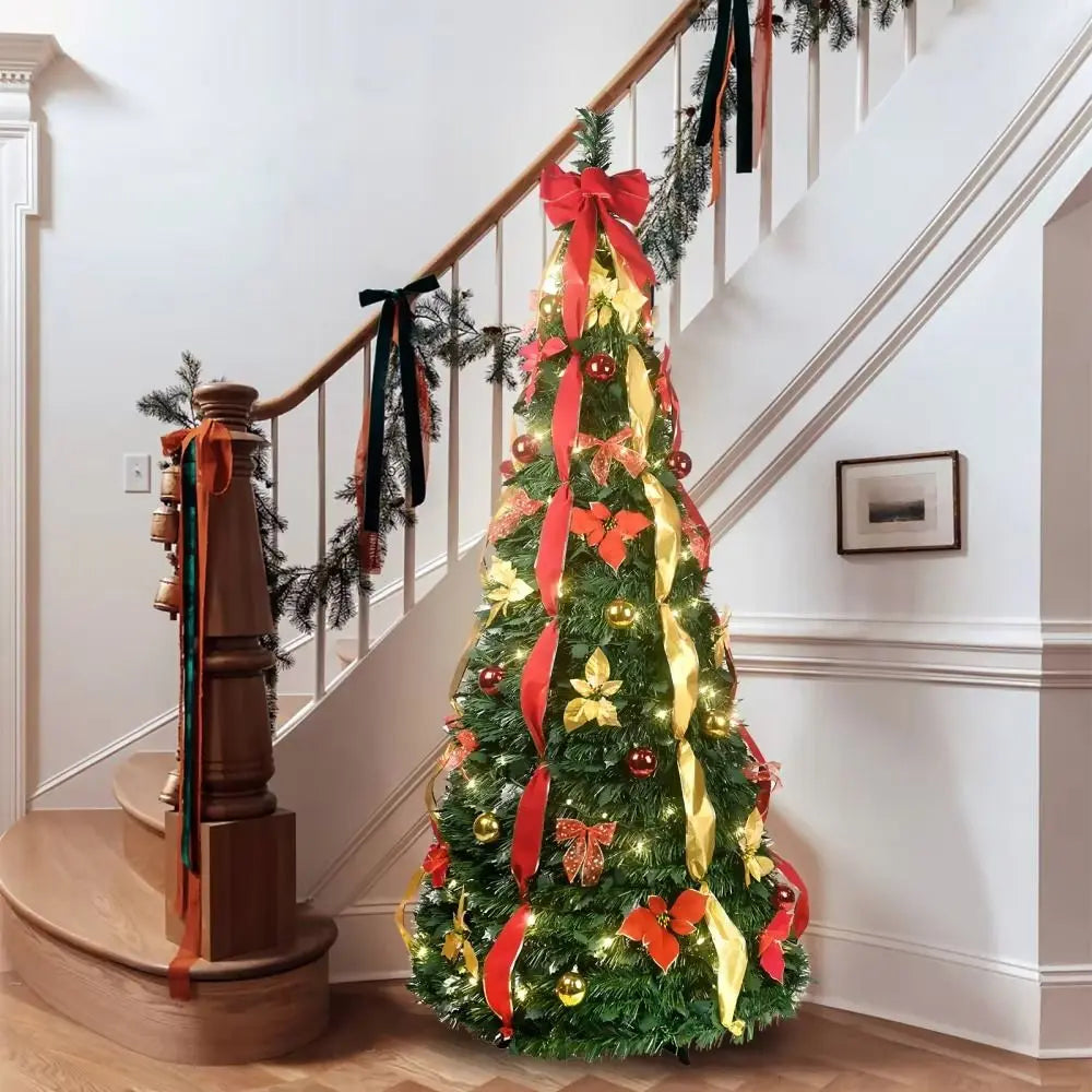 Pre-Decorated Pop-Up Christmas Tree Warm White Lights Gold Ornaments Folding Christmas Tree Easy Assembly Space-Saving