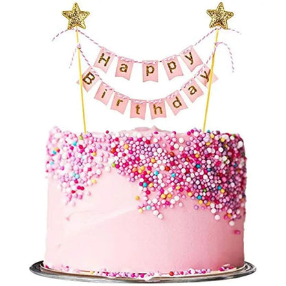 Happy Birthday Cake Flags DIY Gold Stars Bunting Banner Kids Adults Baking Decoration Baby Shower Party Supplies