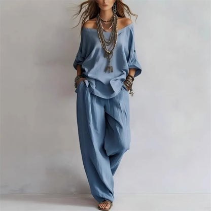 2026Fashion V Neck 7 Button Sleeve Women Top Set 2 Pieces Spring Summer Elegant Loose Fitting Wide Leg Pockets Pants Female Suit