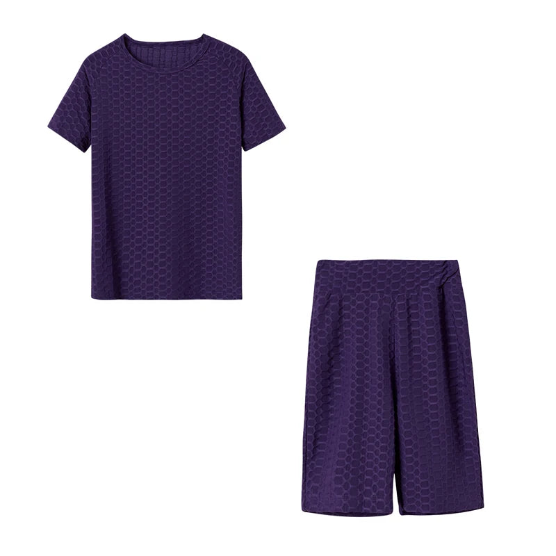 2024 New Summer Round-neck Solid Color Short-sleeved Two-piece Yoga Shorts Women's Sports Suit