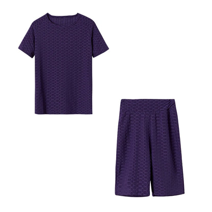 2024 New Summer Round-neck Solid Color Short-sleeved Two-piece Yoga Shorts Women's Sports Suit