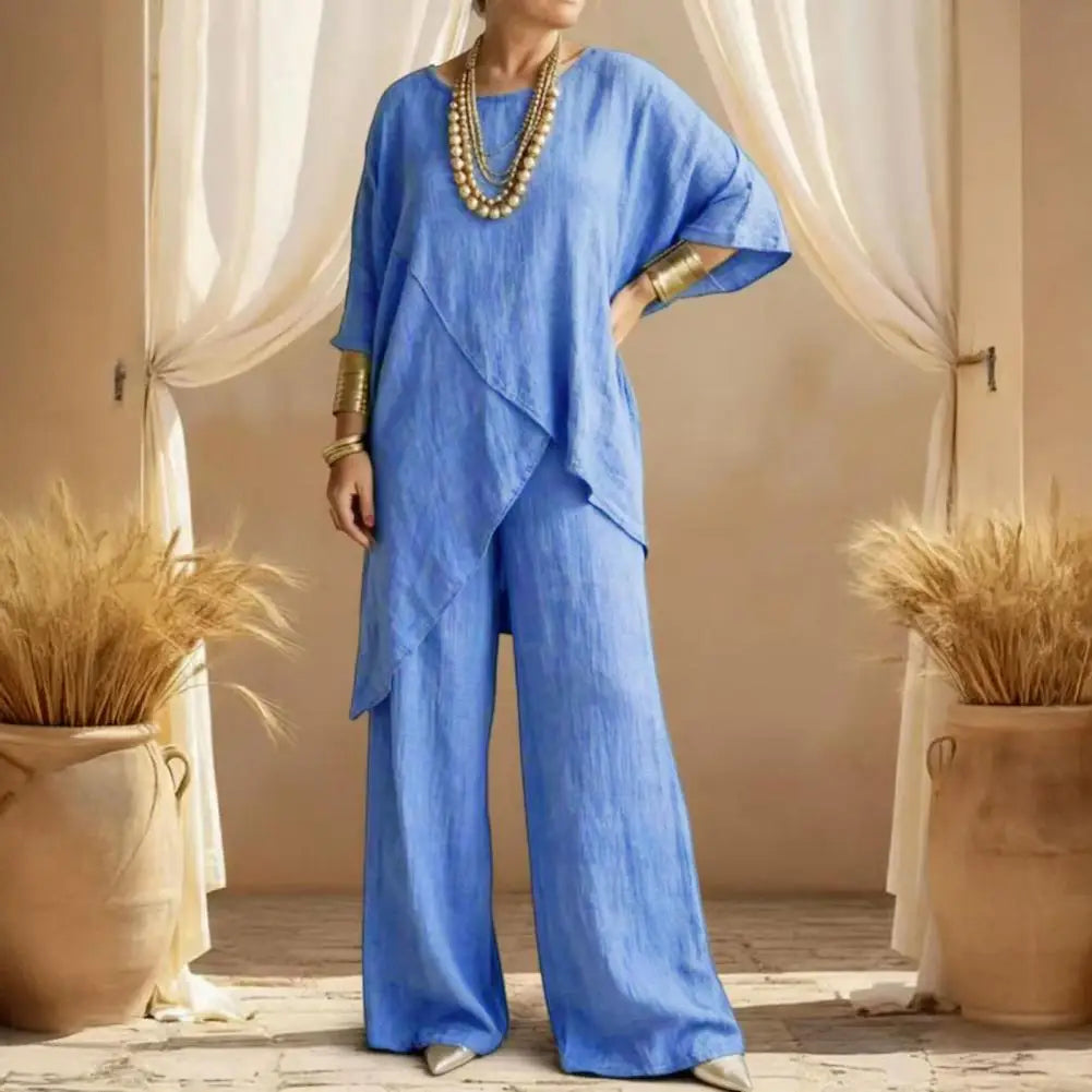 Matching Lounge Sets Women 3/4 Sleeve Top And Wide Leg Pants Cotton Linen 2 Piece Set