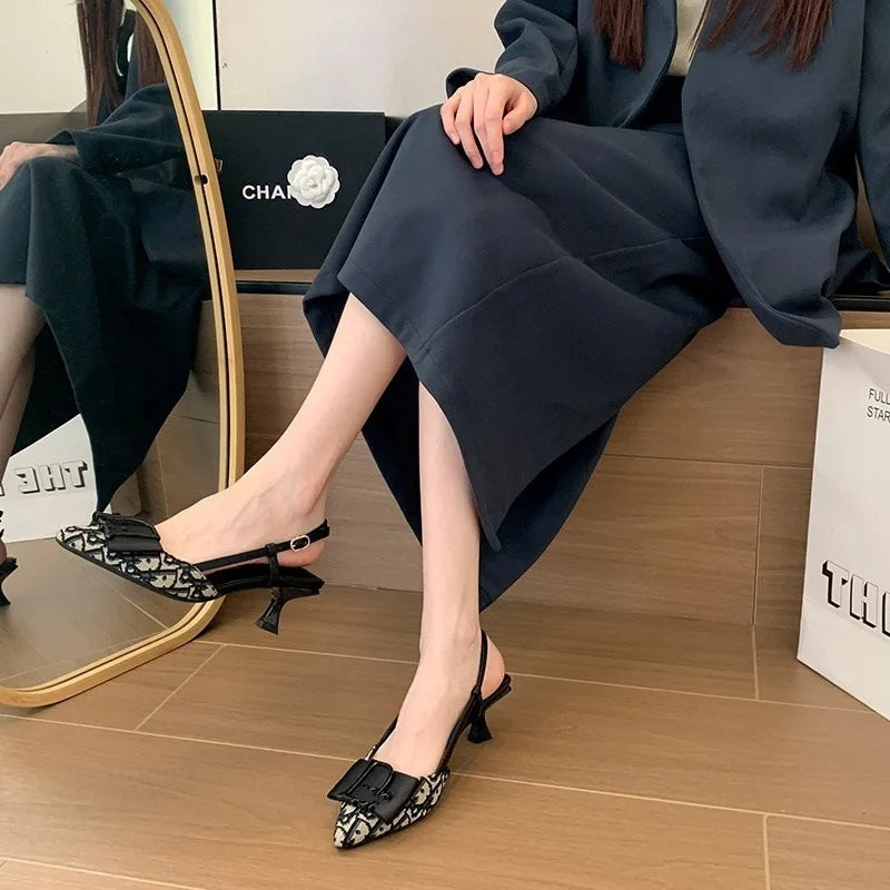 French Style Pointed Toe Backless Heeled Sandals Closed Toe Design Wide Width Plus Size Soft Comfortable High Heel Slip On Shoes