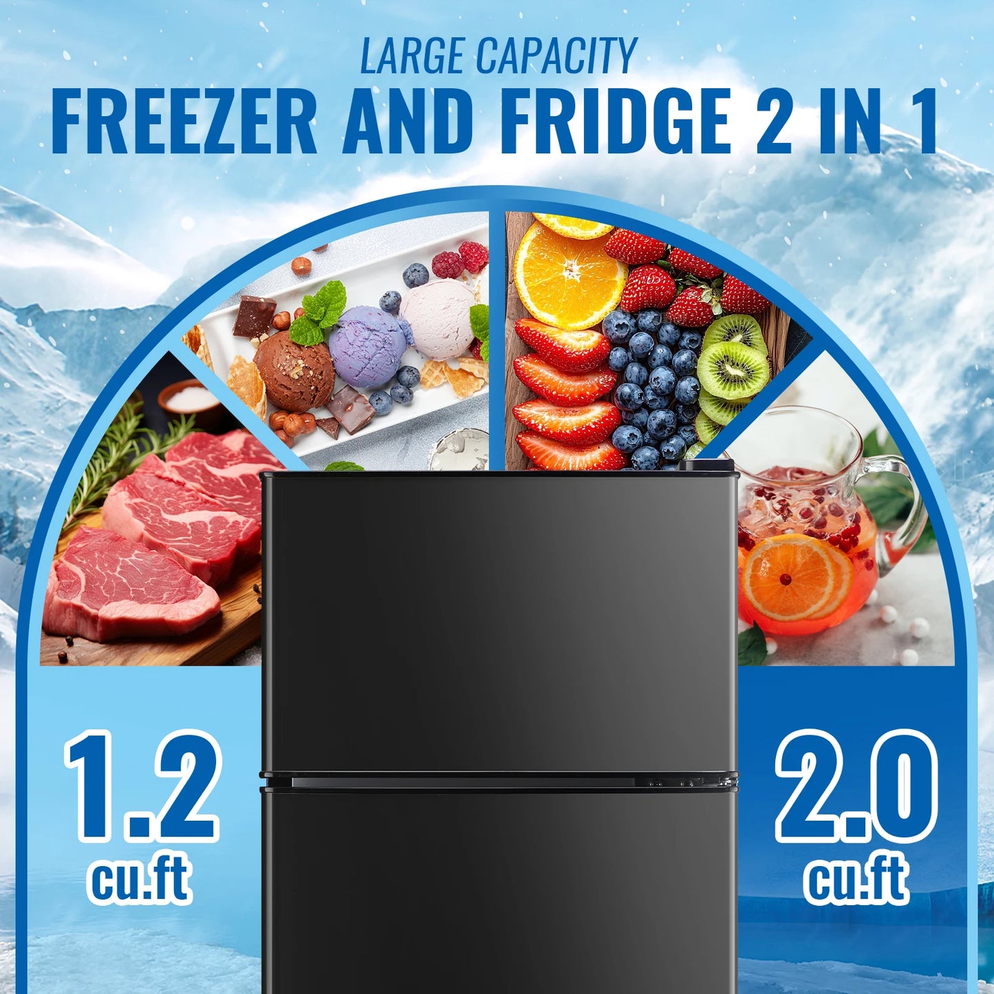 Mini Refrigerator with Top Freezer 66 Liter Dual Door Small Refrigerator with 7-Level Adjustable Thermostat for Office, BLACK