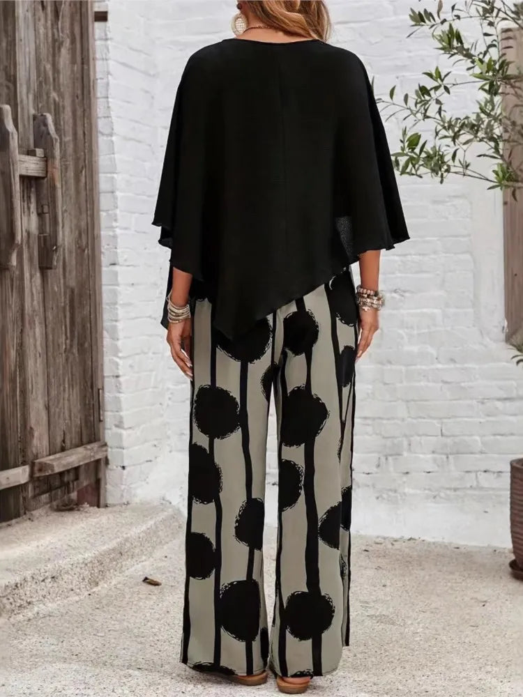 Summer Two Piece Set Printing Loose Casual Wide Leg Pants Loose Bat Short Sleeve Top Women Elastic High Waist Fashion Pants Set