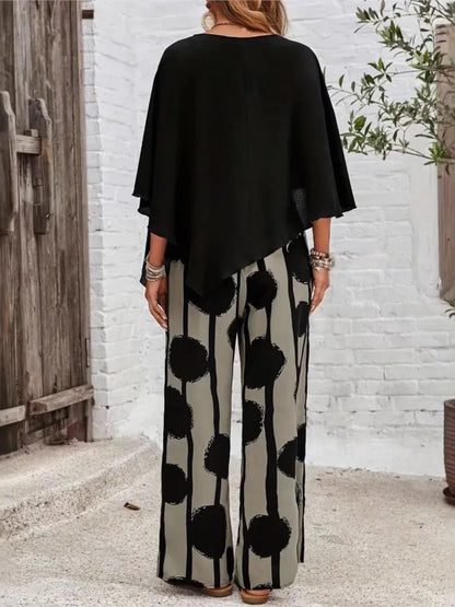 Summer Two Piece Set Printing Loose Casual Wide Leg Pants Loose Bat Short Sleeve Top Women Elastic High Waist Fashion Pants Set