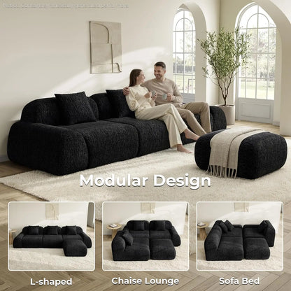 LumiPebble Black Boneless Couch with Ottoman, 110" Modern Deep Seat Sectional Sofa for Living Room, Modular, Customized