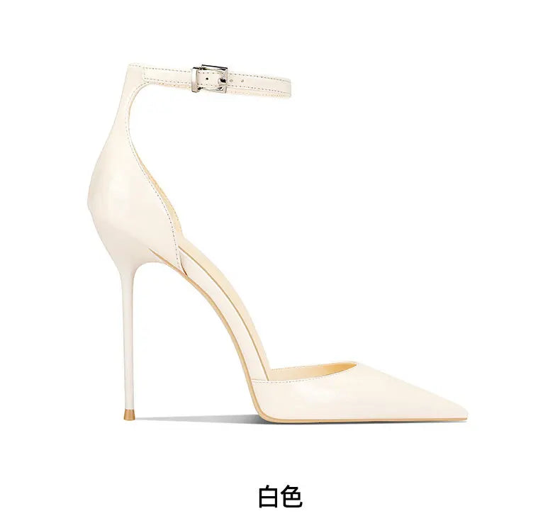 Wine Red Patent Leather High-Heeled Shoes for Women, New Style with Thin Heels and Pointed Toe, Straight Buckle Toe Shoes 33-46