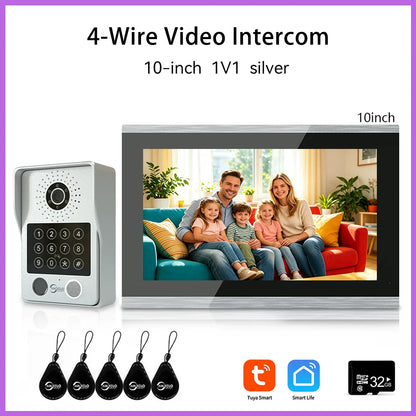 ANJIELO 4-Wire Video Intercom System with 10-inch Touch Screen 5-in-1 Unlock Tuya Smart APP Control IP65 Waterproof Night Vision