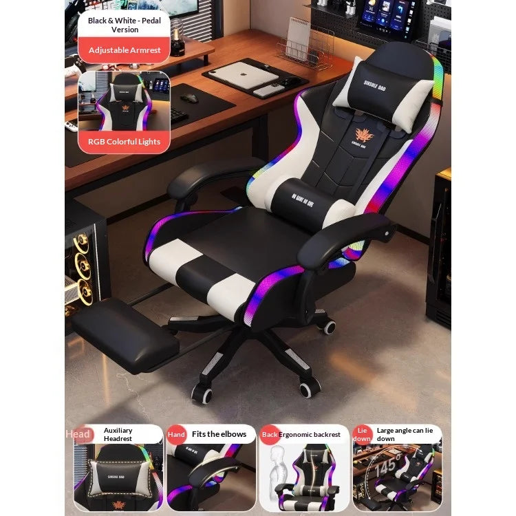Gaming Chair Ergonomic LED Light Recliner Computer Office Chair Adjustable Lumbar Headrest Armrest Home Bedroom Gamer Chair