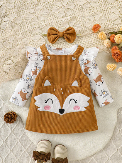 Little Fox Autumn Story Corduroy Set: Full Daisy Print Romper + 3D Embroidered Suspender Skirt + Headband Three-Piece Set, Baby Autumn/Winter Outfit