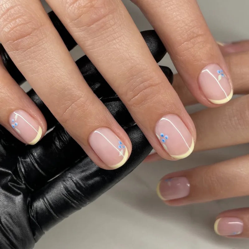 3D Lemon Blue White Striped French Nail Art Summer Chic Short Round False Nails Detachable Finished Fake Nails Press on Nails