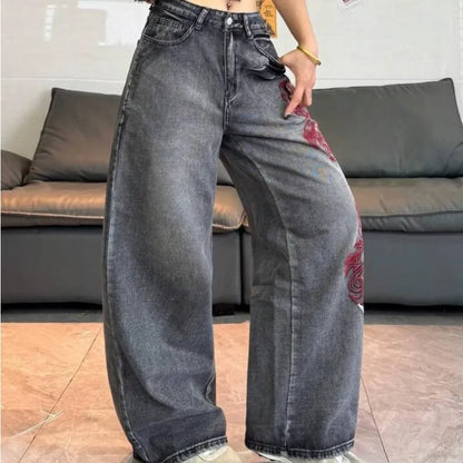 Vintage Dark Grey Fade Women High Waist Wide Leg Jeans Side Red White Abstract Embroidery Denim Summer 2026 Euro Street Pants