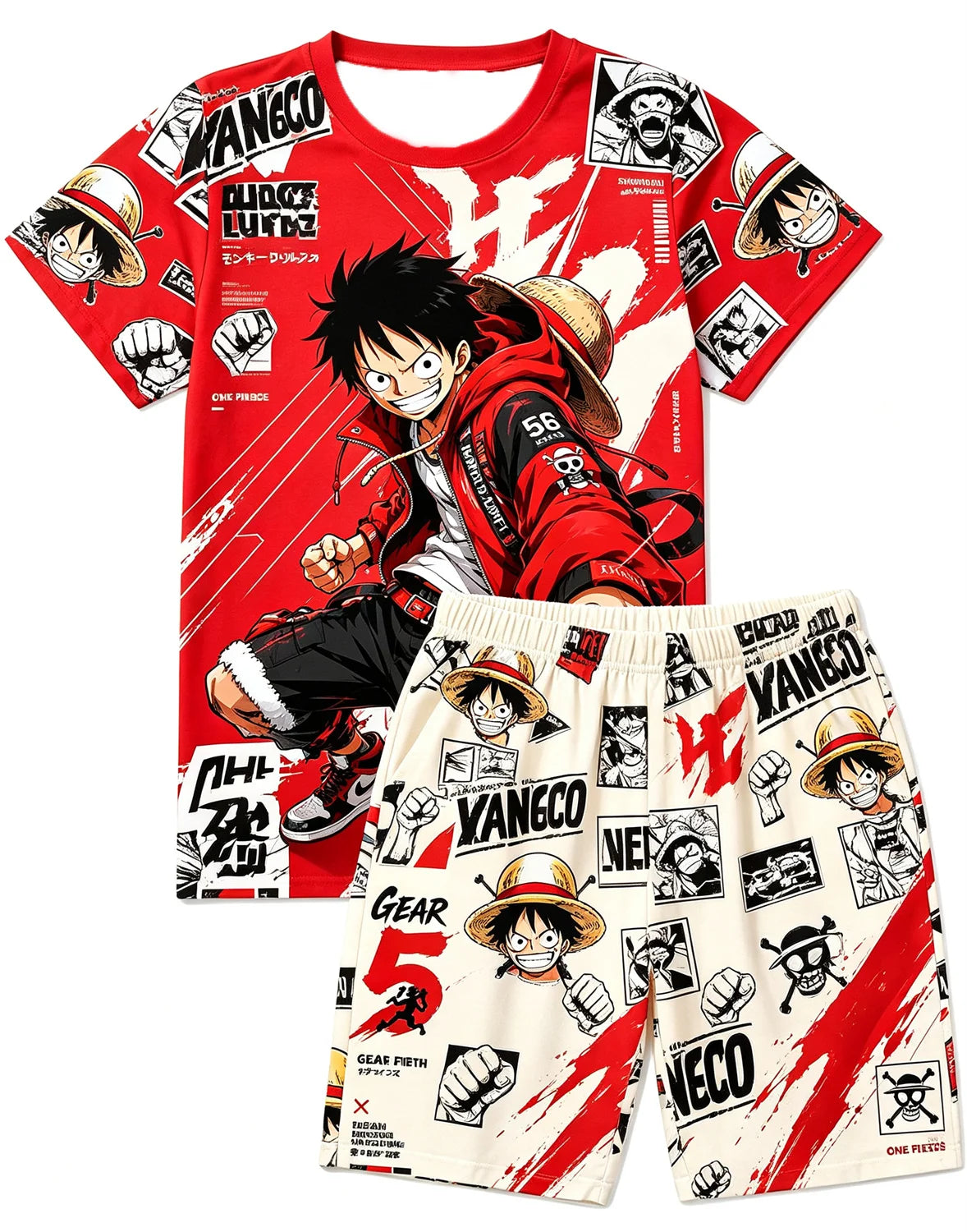 Bandai One Piece D Luffy Laugh Anime Print T-Shirt Drawstring Shorts