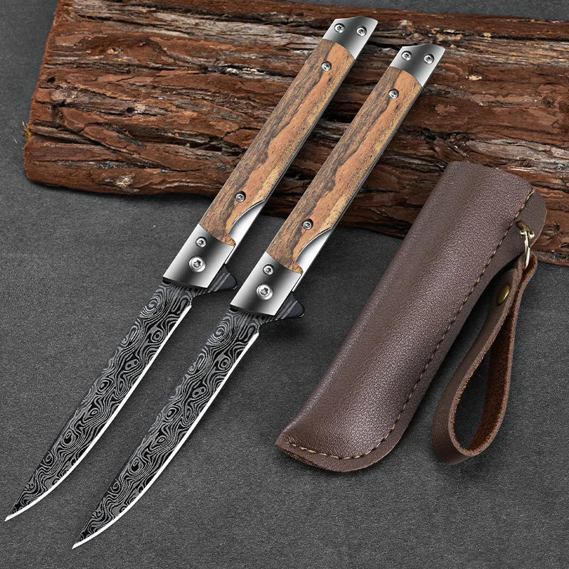 Stainless Steel Folding Knife | Wood Handle, Foldable Blade | Camping & Outdoor Carry