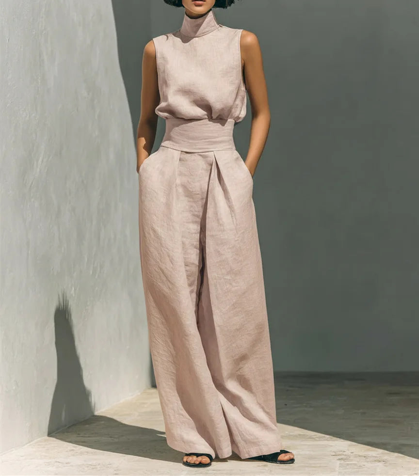 casual Solid Cotton Linen two-piece set for Women Sleeveless Turtleneck Top +High Waist Pants Set New Summer Button Loose Outfit