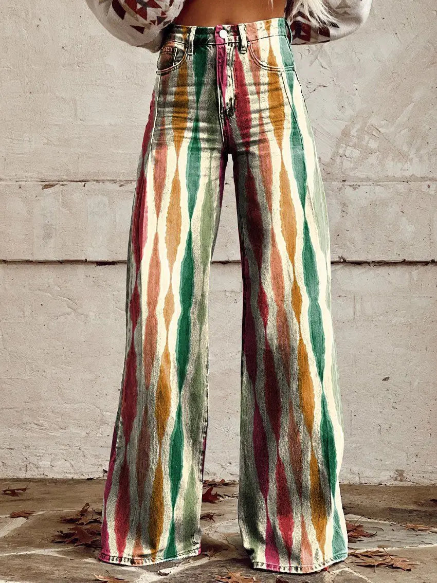 Women's 3D Printed Flare Jeans-Polyester Wide Leg Pants with Distressed Vintage Look, High Waist Comfort Fit for Street Fashion