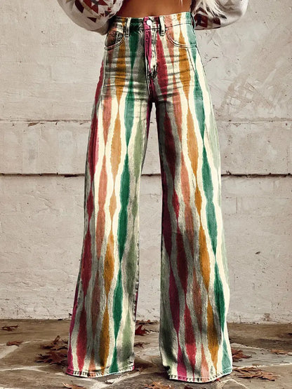 Women's 3D Printed Flare Jeans-Polyester Wide Leg Pants with Distressed Vintage Look, High Waist Comfort Fit for Street Fashion