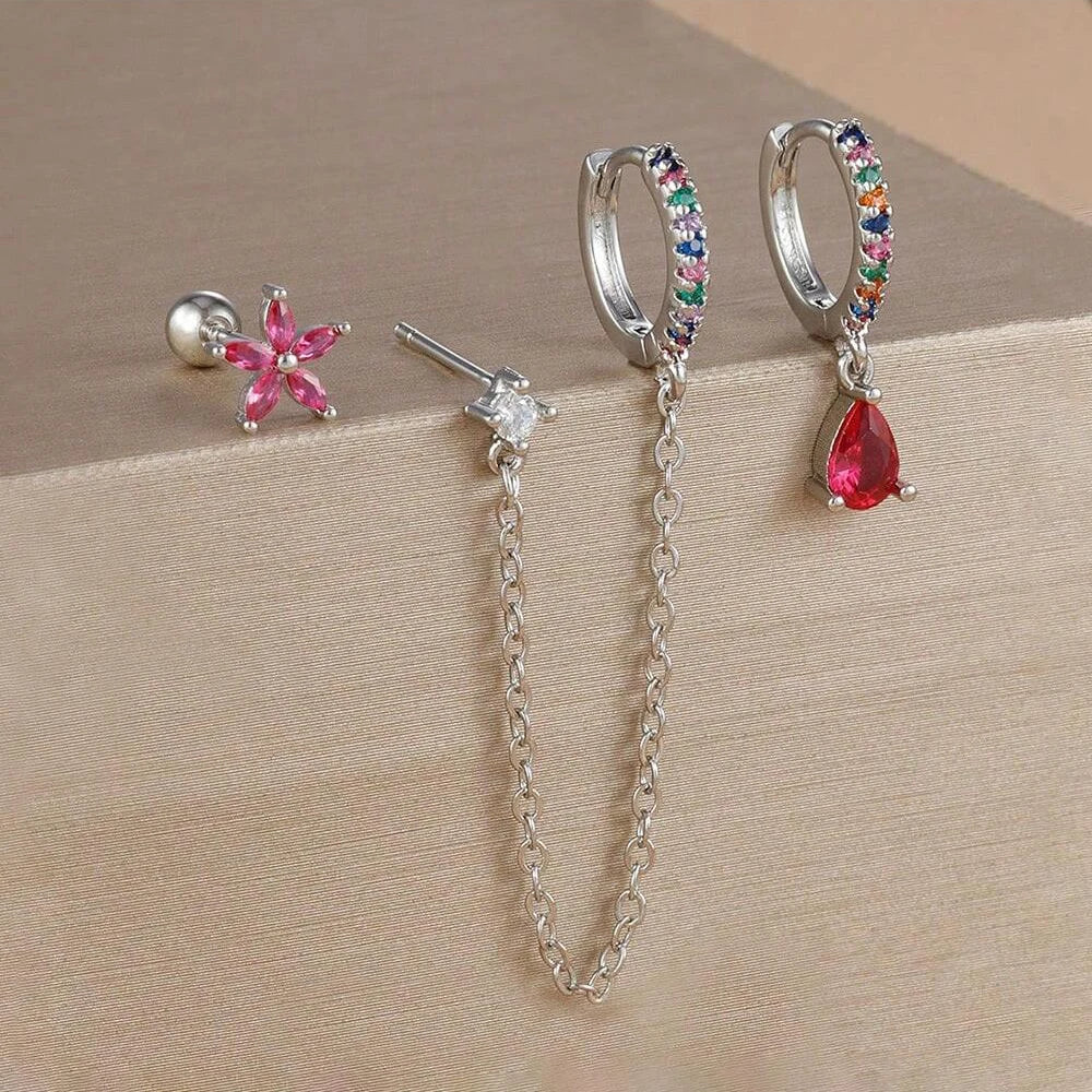 3PCS Set Stainless Steel Crystal CZ Butterfly Ear Stud Earring Gold Plated Pendant Water Drop Cartilage Earring Piercing Jewelry