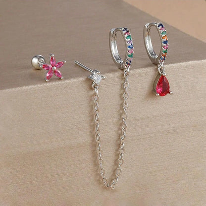 3PCS Set Stainless Steel Crystal CZ Butterfly Ear Stud Earring Gold Plated Pendant Water Drop Cartilage Earring Piercing Jewelry