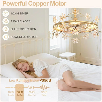 20" Gold Chandelier Ceiling Fan with Lights and Remote Control - Modern Flower Fandelier for Bedroom Living Room Kitchen