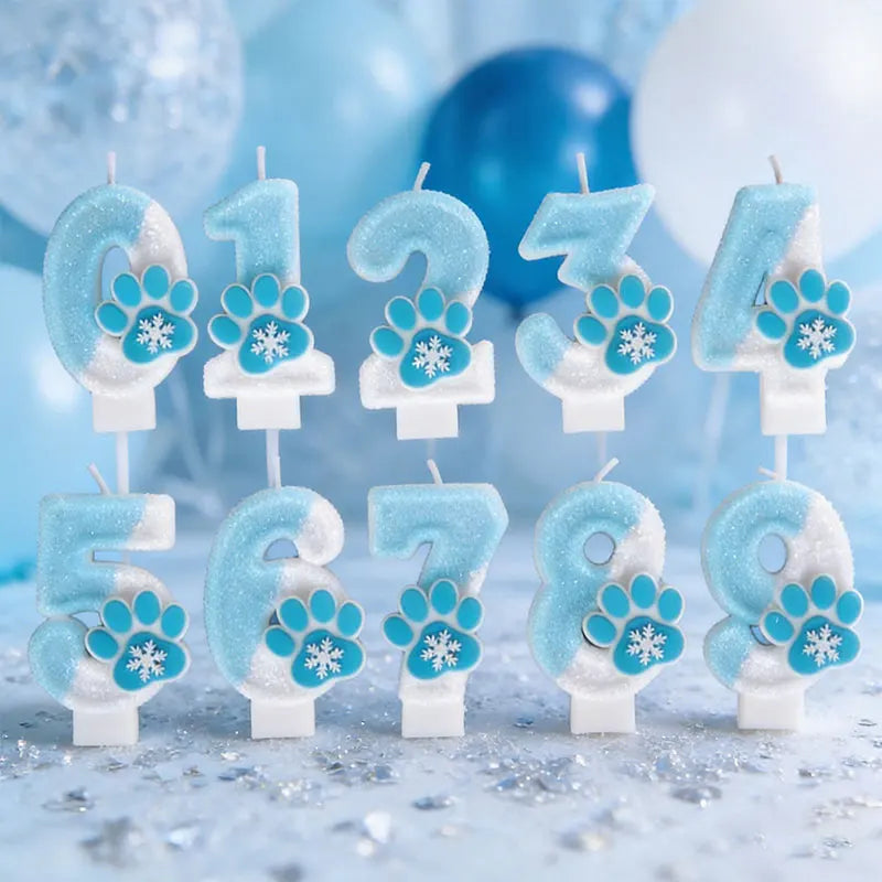 Cat Paw Theme 0‑9 Number Birthday Candle Blue White Glitter Cake Topper With Snowflake Cat Paw Ornament Cake Decoration Supplies