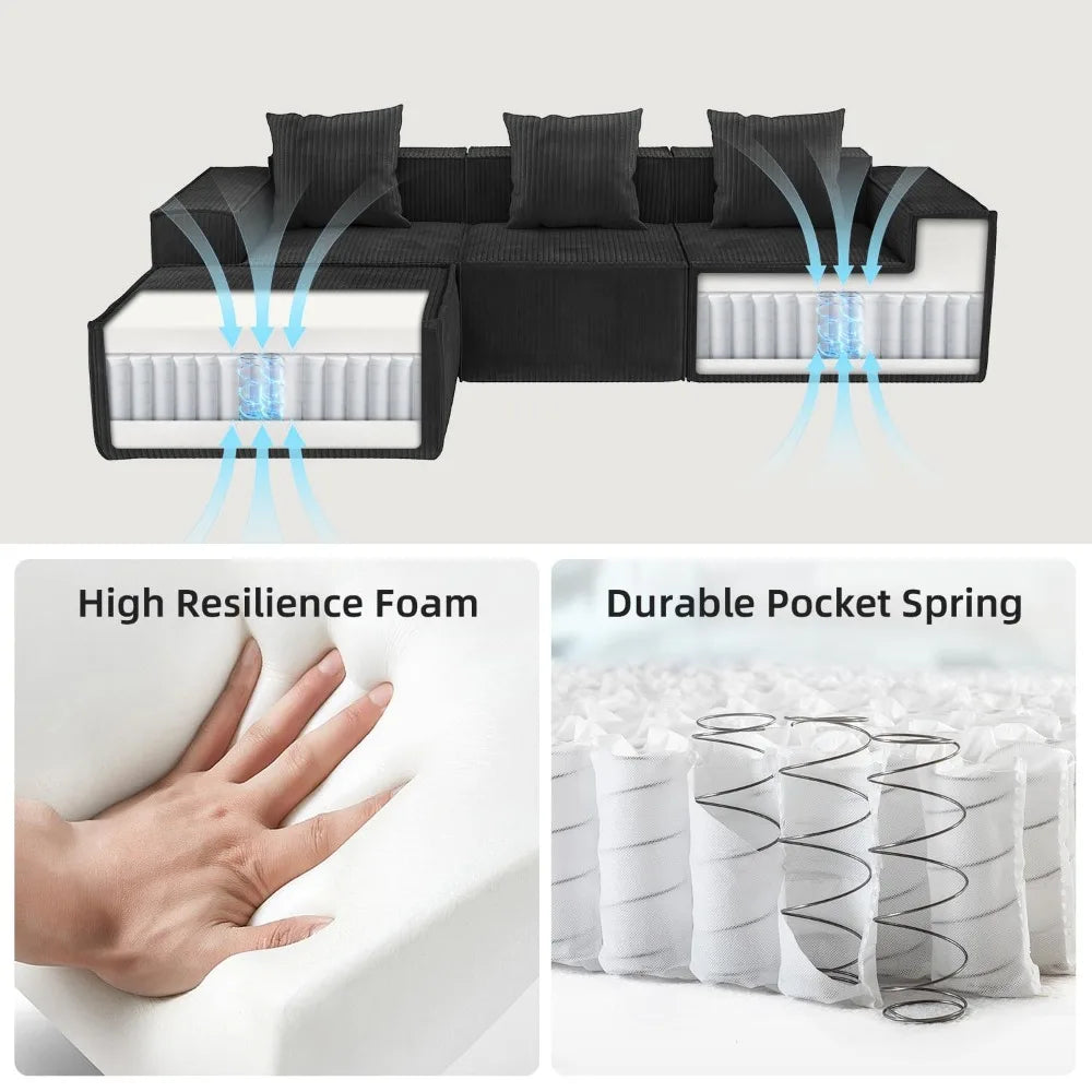 110” Sectional Couches for Living Room, 3 Seat Grey Corduroy Convertible Boneless Couches Sofa Bed with Pillows,, Customized