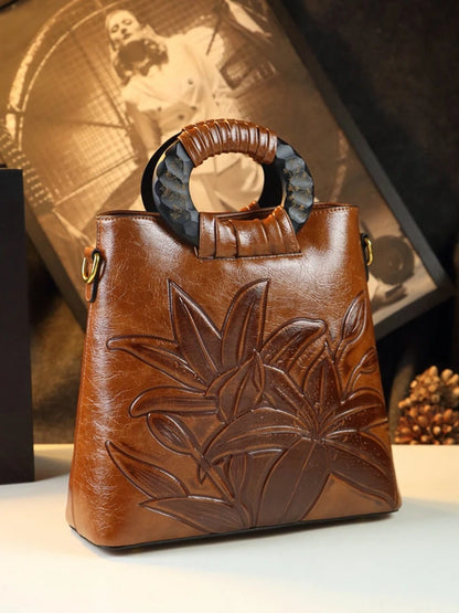 2024 New Women's Retro Oil Wax Leather Large Capacity Single Shoulder Bag Handbag Middle-Aged Ladies Bag Fashion Versatile