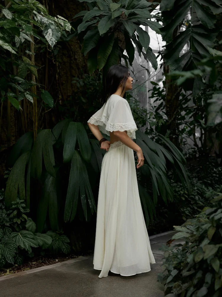 Deep V-Neck Lace Trim Cutout Waist Maxi Dress Elbow-Sleeve Lace Trim Chiffon 2026 Summer Elegant Women Vacation Boho Outfit