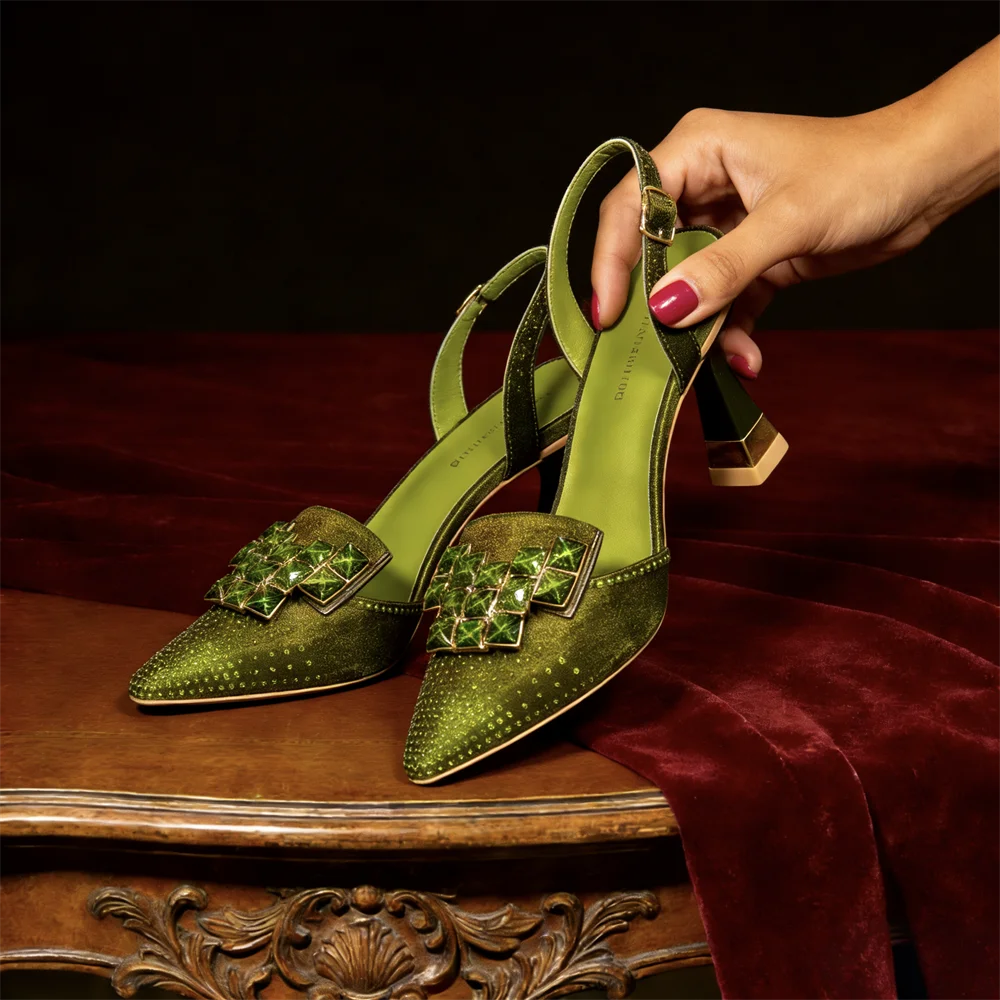 2026 Elegant Green Rhinestone Slingback Heels by Venus Chan - Italian Designed Pointed Toe Bridal Evening Party Shoes