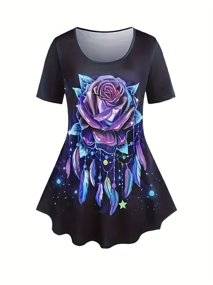 Plus Size Ladies Suit New Summer Women Hot Sales Black Oversize Casual Flower Rose Print T-Shirt Pants Two-Piece Suit