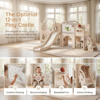 12-in-1 Toddler Playground Gym Playset | Indoor Outdoor Swing Set with Slide, Climber, Basketball Hoop & Drawing Board, in White