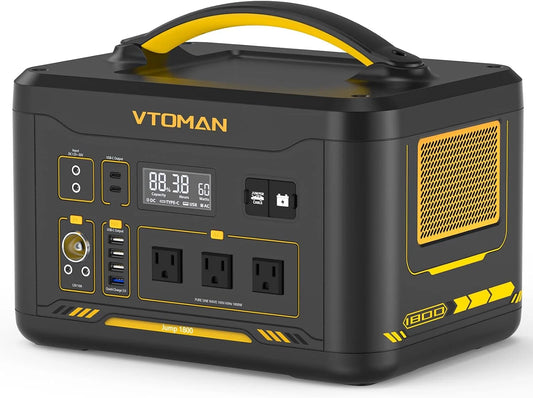 VTOMAN Jump1800 Power Station with Jump Start, 1548Wh LFP Solar Generator Portable Backup Battery, 1800W (Peak 3600W) AC Outlets, 12V DC, PD 100W Type-C for Home RV/Van Travel Camping Road Trip