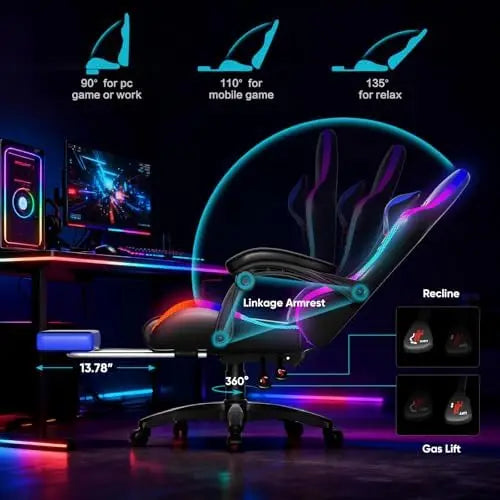 Gaming Chair, Racing Style RGB LED Lights Gaming Chairs for Adults and Kids, Lumbar Massager Gamer Chair, High Back
