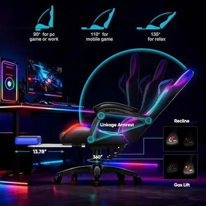 Gaming Chair, Racing Style RGB LED Lights Gaming Chairs for Adults and Kids, Lumbar Massager Gamer Chair, High Back