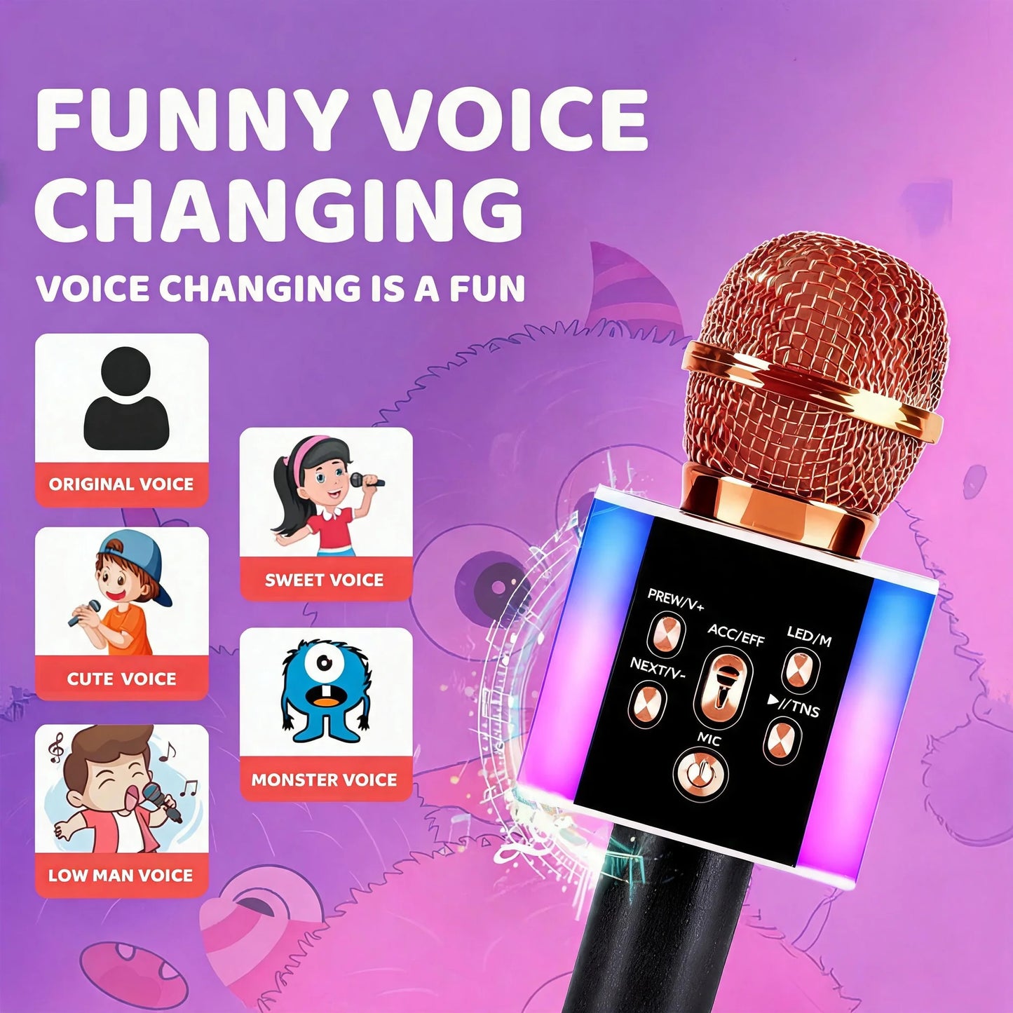 6-In-1 Wireless Karaoke Mic - Big Bass Wireless Speaker, LED Lights, Voice Changer, Pairable - Portable Singing Mic for Family, Birthday, Parties, Car Trips, Halloween, Thanksgiving And Christmas Gifts