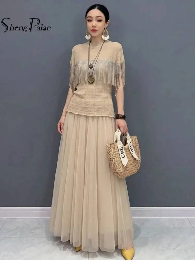 SHENGPALAE Fringe Short Sleeve Knit Top Tulle Maxi Skirt Two Piece Set Elegant Casual Summer Women Outfit 2026 New Summer