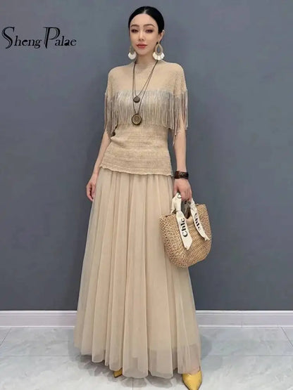 SHENGPALAE Fringe Short Sleeve Knit Top Tulle Maxi Skirt Two Piece Set Elegant Casual Summer Women Outfit 2026 New Summer