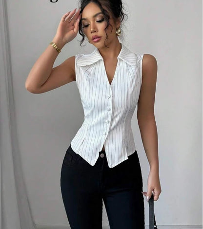 Sleeveless Lapel Short Sleeved Solid Color Button Women's Suit Jacket High Street Fashion Daily Elegant Summer Top