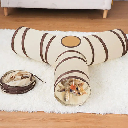 Fun Polyester+Steel Wire Cat Tunnel Tube Breathable Foldable Cat Nest Training Interactive Beige+Coffee Pet Fun Play Toy Cat